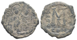 Justin II and Sophia (565-578). Æ 40 Nummi (29mm, 13.14g). Constantinople, uncertain year. Justin and Sophia, both nimbate, seated facing. R/ Large M;...