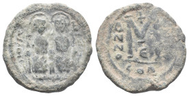 Justin II and Sophia (565-578). Æ 40 Nummi (29.5mm, 14.83g). Constantinople, uncertain year. Justin and Sophia, both nimbate, seated facing. R/ Large ...