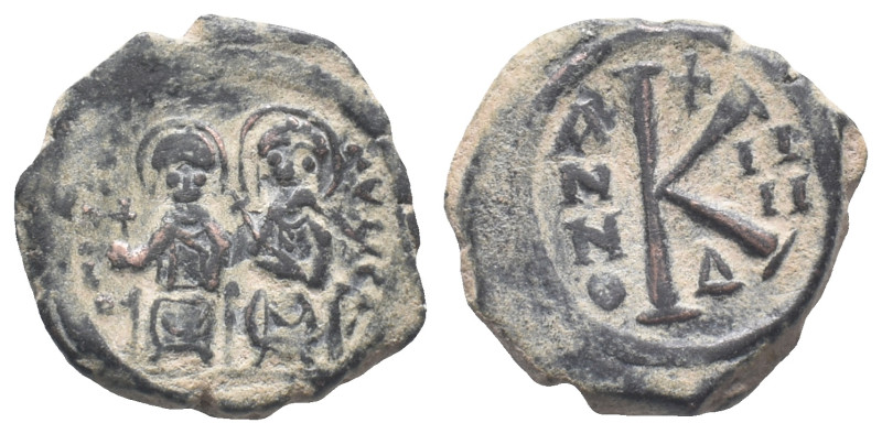 Justin II and Sophia (565-578). Æ 20 Nummi (22mm, 7.95g). Constantinople, year 4...
