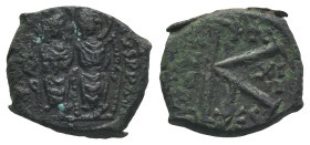 Justin II and Sophia (565-578). Æ 20 Nummi (19mm, 5.97g). Thessalonica, year 13. Nimbate figures of Justin and Sophia seated facing on double throne, ...