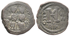 Justin II and Sophia (565-578). Æ 40 Nummi (30mm, 14.39g). Nicomedia, year 9. Crowned and cuirassed bust facing, holding cross on globe and shield. R/...