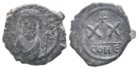 Phocas (602-610). Æ 20 Nummi (26mm, 4.92g). Constantinople. Crowned facing bust, wearing consular robes, holding mappa and cross. R/ Large XX; staurog...