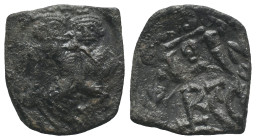 Heraclius (610-641). Æ 40 Nummi (24mm, 5.34g). Syracuse, 632-641. Countermarked: crowned facing busts of Heraclius and Heraclius Constantine; cross ab...