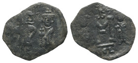 Constans II (641-668). Æ 40 Nummi (23mm, 2.12g). Syracuse, 659-668. Constans, holding long cross with r. hand, and Constantine IV, both crowned, stand...