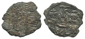 Constans II (641-668). Æ 40 Nummi (21mm, 1.91g). Syracuse, 659-668. Constans, holding long cross with r. hand, and Constantine IV, both crowned, stand...