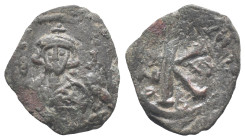 Justinian II ? (685-695). Æ 20 Nummi (24mm, 3.13g). Constantinople. Crowned bust facing, holding globus cruciger. R/ Large K; cross above, B below. Cf...