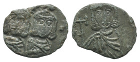 Constantine V with Leo IV (741-775). Æ 40 Nummi (18.5mm, 1.59g). Syracuse, 751-775. Crowned facing busts of Constantine and Leo IV, each wearing chlam...