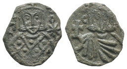Leo V and Constantine (813-820). Æ 40 Nummi (20mm, 2.89g). Syracuse. Crowned facing bust of Leo, wearing loros and holding cross potent; star in r. fi...