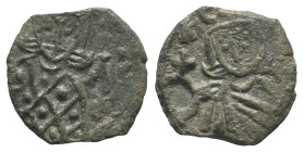 Leo V and Constantine (813-820). Æ 40 Nummi (19mm, 3.22g). Syracuse. Crowned facing bust of Leo, wearing loros, holding cross potent; Λ and cross to r...
