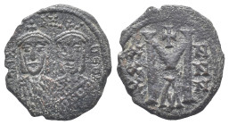 Michael II the Amorian with Theophilus (820-829). Æ 40 Nummi (22mm, 5.10g). Constantinople. Crowned facing busts of Michael, wearing chlamys, and Theo...