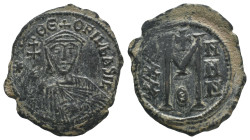 Theophilus (829-842). Æ 40 Nummi (31mm, 8.11g). Constantinople, 829-830/1. Crowned and draped bust facing, holding patriarchal cross and akakia; star ...