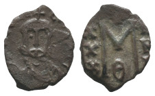 Theophilus (829-842). Æ 40 Nummi (17mm, 1.70g). Syracuse, 830-842. Crowned facing bust, wearing chlamys and holding globus cruciger. R/ Large M; X/X/X...