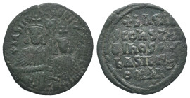 Basil I with Constantine (867-886). Æ 40 Nummi (28mm, 8.28g). Constantinople, 868-870. Crowned facing busts of Basil, wearing loros, and Constantine, ...