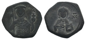 John II Comnenus (1118-1143). Æ Tetarteron (19mm, 3.25g). Thessalonica. Facing bust of Christ Pantokrator. R/ Half-length facing bust of John, holding...