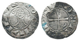Crusaders, Antioch. Bohemund III (1163-1201). AR Denier (1.60g). Helmeted and mailed head l.; crescent before, star behind. R/ Cross pattée; crescent ...