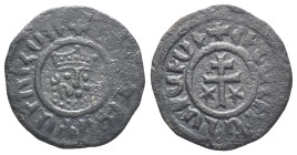 Cilician Armenia, Levon I (1198-1219). Æ Tank (29mm, 9.21g). Crowned leonine head facing slightly r. R/ Patriarchal cross; five-pointed star to l. and...