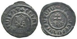Cilician Armenia, Levon I (1198-1219). Æ Tank (28mm, 7.85g). Crowned leonine head facing slightly r. R/ Patriarchal cross; five-pointed star to l. and...