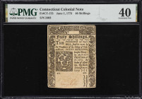 CT-173. Connecticut. June 1, 1773. 40 Shillings. PMG Extremely Fine 40.
No. 2403. A lightly circulated Colonial-era note from Connecticut. The impetu...