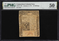 CT-176. Connecticut. January 2, 1775. 10 Shillings. PMG About Uncirculated 50.
No. 2531. A very lightly circulated Colonial-era note from Connecticut...