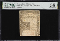 CT-178. Connecticut. January 2, 1775. 40 Shillings. PMG Choice About Uncirculated 58.
No. 3524. Representative of the highest denomination to be issu...