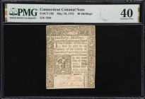 CT-182. Connecticut. May 10, 1775. 40 Shillings. PMG Extremely Fine 40.
No. 7301. A lightly handled Colonial-era note from Connecticut that has an au...