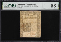 CT-185. Connecticut. June 1, 1775. 10 Shillings. PMG About Uncirculated 53.
No. 3462. A lightly handled Colonial-era note from Connecticut that offer...