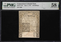 CT-187. Connecticut. June 1, 1775. 40 Shillings. PMG Choice About Uncirculated 58.
No. 7303. Three distinct penned signatures are noticed upon the li...