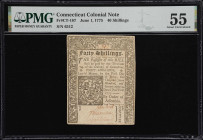 CT-187. Connecticut. June 1, 1775. 40 Shillings. PMG About Uncirculated 55.
No. 6512. A lightly handled Colonial-era note from Connecticut that repre...
