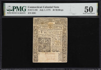 CT-193. Connecticut. July 1, 1775. 40 Shillings. PMG About Uncirculated 50.
No. 6381. A barely circulated Colonial-era note from Connecticut that dis...