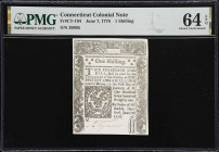 CT-194. Connecticut. June 7, 1776. 1 Shilling. PMG Choice Uncirculated 64 EPQ.
No. 30805. Exceedingly original and laden with premium qualities. The ...