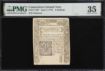 CT-198. Connecticut. June 7, 1776. 3 Shillings. PMG Choice Very Fine 35.
No. Unknown. Moderately circulated with some evident fading that has affecte...