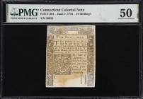 CT-201. Connecticut. June 7, 1776. 10 Shillings. PMG About Uncirculated 50.
No. 36024. A lightly circulated Colonial-era note from Connecticut that o...