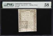 CT-208. Connecticut. June 19, 1776. 1 Shilling, 3 Pence. PMG Choice About Uncirculated 58.
No. 2248. Slit cancelled like many of its contemporaries. ...