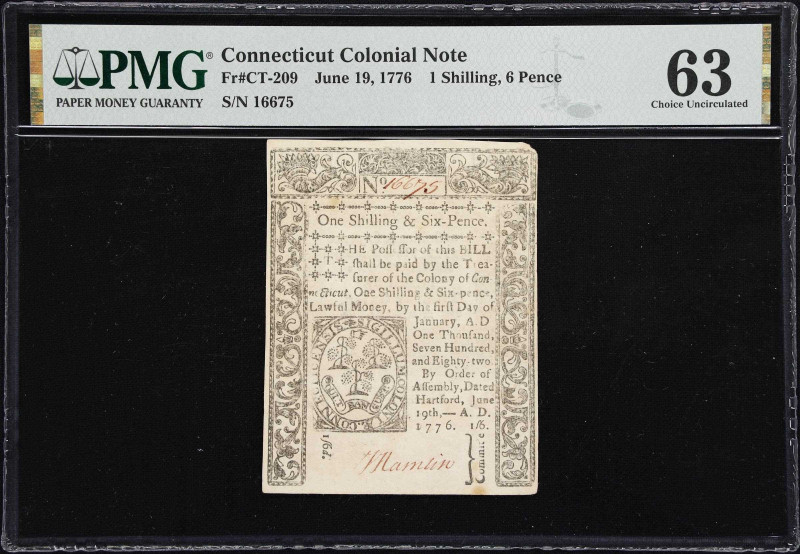 CT-209. Connecticut. June 19, 1776. 1 Shilling, 6 Pence. PMG Choice Uncirculated...