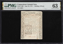 CT-209. Connecticut. June 19, 1776. 1 Shilling, 6 Pence. PMG Choice Uncirculated 63.
No. 16675. A strictly Choice Uncirculated Colonial-era note from...