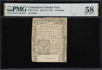 CT-212. Connecticut. June 19, 1776. 5 Shillings. PMG Choice About Uncirculated 58.
No. 5196. Lightly handled bearing only the faintest trace of circu...