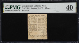 CT-215. Connecticut. October 11, 1777. 3 Pence. PMG Extremely Fine 40.
No. 12358. A lightly circulated change note from this prolific emission that l...