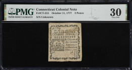 CT-215. Connecticut. October 11, 1777. 3 Pence. PMG Very Fine 30.
No. Unknown. A mid-grade change note that lacks the oft-seen cancellations typical ...