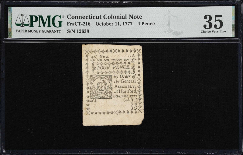 CT-216. Connecticut. October 11, 1777. 4 Pence. PMG Choice Very Fine 35.
No. 12...