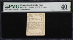 CT-217. Connecticut. October 11, 1777. 5 Pence. PMG Extremely Fine 40.
No. Unknown/Faded. A moderately circulated Colonial-era change note that lacks...