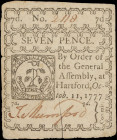 CT-218. Connecticut. October 11, 1777. 7 Pence. Extremely Fine.
No. 2118. A moderately circulated change note from Connecticut that features a slit c...