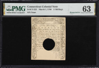 CT-222. Connecticut. March 1, 1780. 5 Shillings. PMG Choice Uncirculated 63. Remainder.
No. None. A Choice Uncirculated Remainder from Connecticut th...