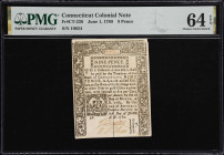 CT-226. Connecticut. June 1, 1780. 9 Pence. PMG Choice Uncirculated 64 EPQ.
No. 10824. Save for the slit cancellation along the bottom margin; this C...