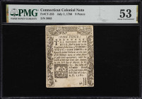 CT-233. Connecticut. July 1, 1780. 9 Pence. PMG About Uncirculated 53.
No. 3863. Lightly handled with decent eye appeal despite the fact that signatu...