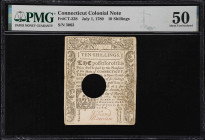 CT-238. Connecticut. July 1, 1780. 10 Shillings. PMG About Uncirculated 50.
No. 3063. A barely circulated Colonial-era note from Connecticut that dis...