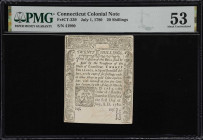 CT-239. Connecticut. July 1, 1780. 20 Shillings. PMG About Uncirculated 53.
No. 41990. Lightly handled with good eye appeal despite a pair of slit ca...