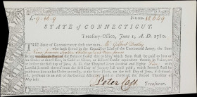 Hartford, Connecticut. State of Connecticut. Treasury Office Warrant. 1780. £9 Pounds, 16 Shillings & 9 Pence. About Uncirculated.
No. 18649. Paid ou...