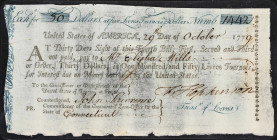 United States of America. Continental Loan Office in the State of Connecticut. Fourth Bill of $30 in 150 Livres Tournois. October 29, 1779. Very Good....