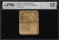 DE-44. Delaware. May 1, 1756. 20 Shillings. PMG Fine 12 Net. Severed & Reattached.
No. Unknown. A well-circulated and rather imperfect Colonial-era n...