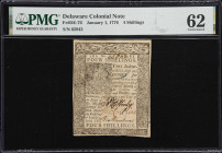 DE-76. Delaware. January 1, 1776. 4 Shillings. PMG Uncirculated 62.
No. 65942. A strictly Uncirculated Colonial-era note from Delaware that offers a ...